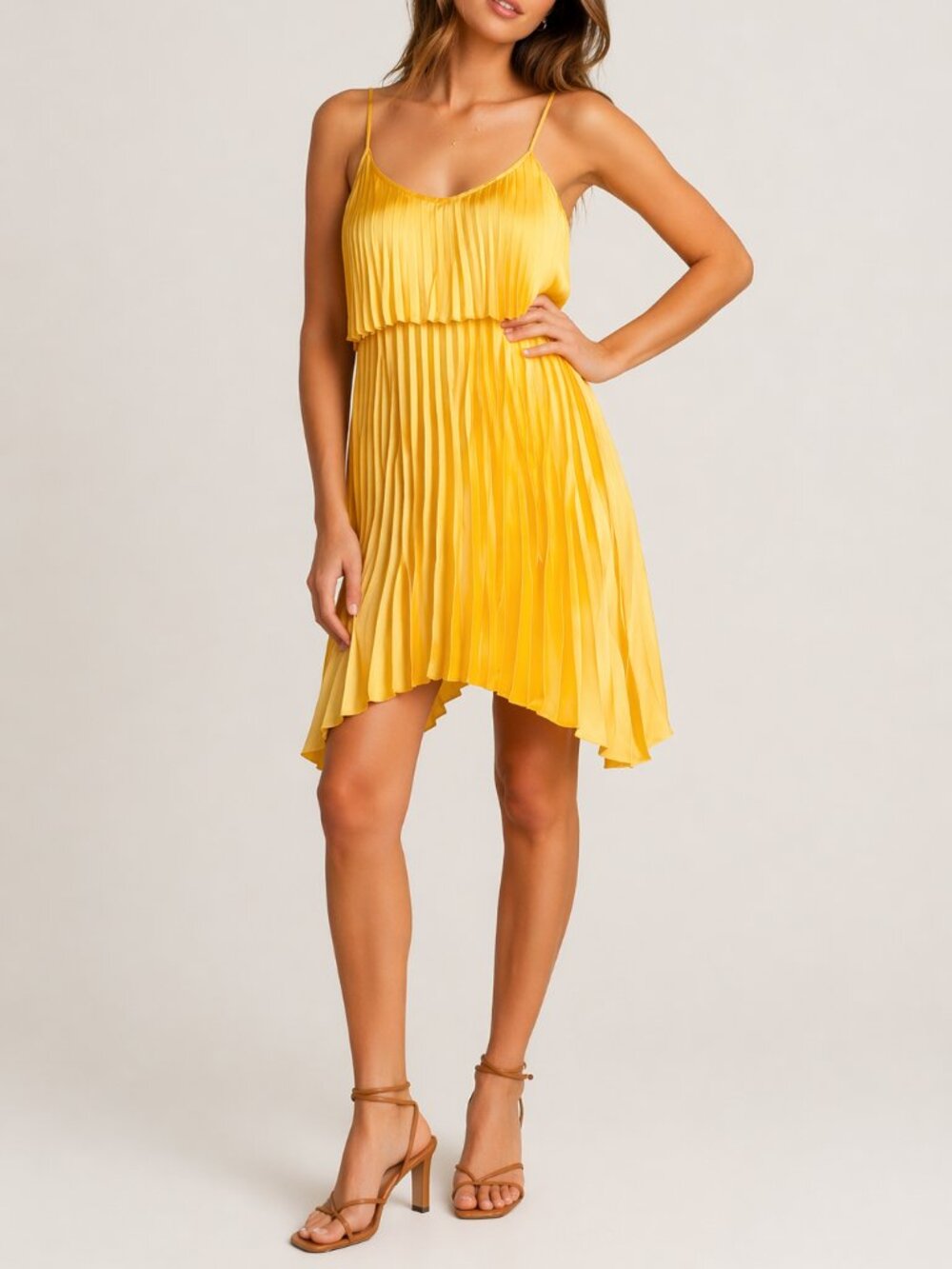 Laundry Shelli Segal Yellow Pleated Strappy Midi Dress A Line Summer Size 8